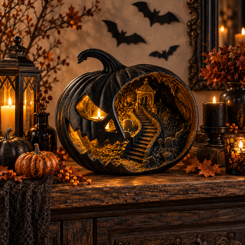 Haunted Pumpkin Lantern, Gothic Jack O Lantern, Spooky Cemetery Scene, Halloween Decor