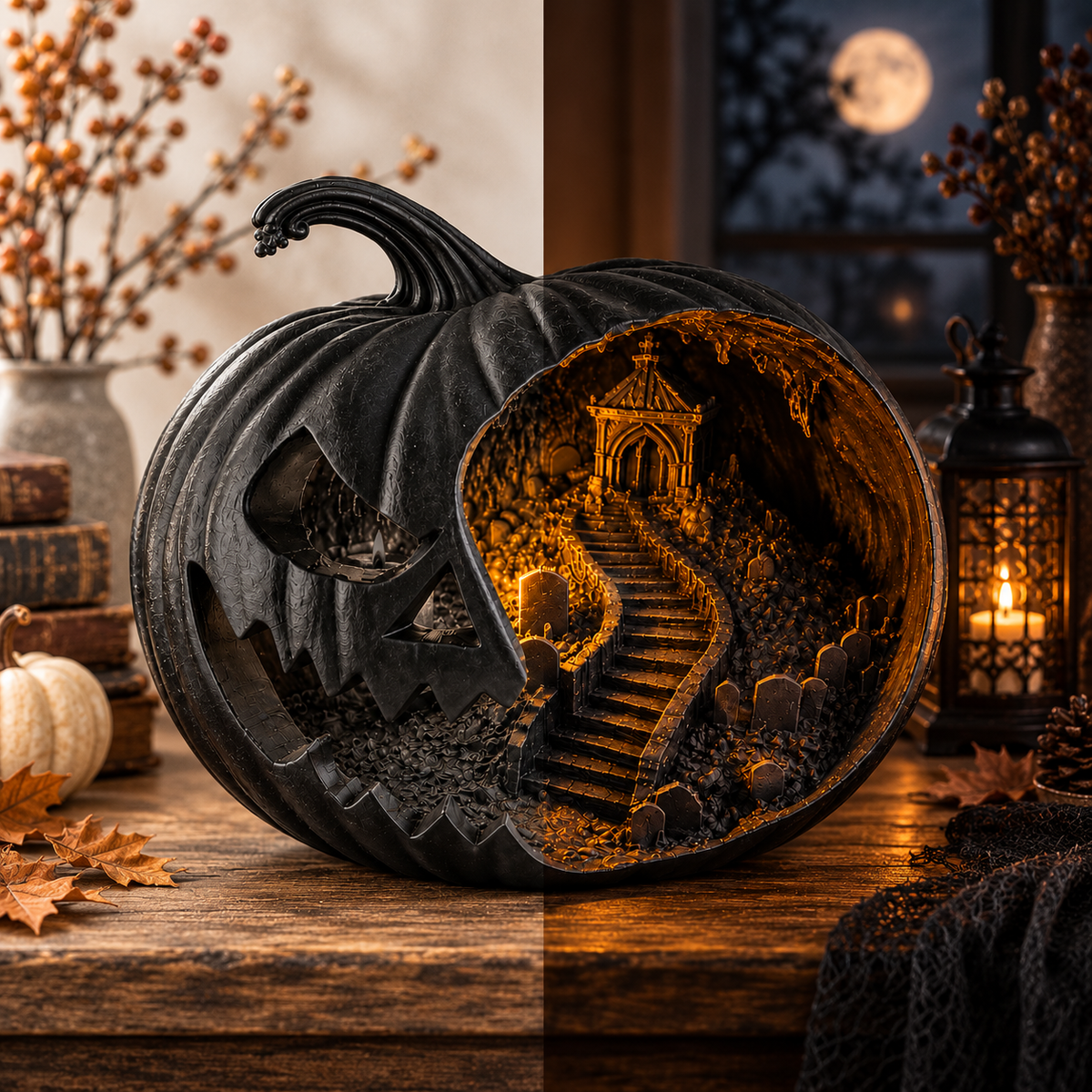 Haunted Pumpkin Lantern, Gothic Jack O Lantern, Spooky Cemetery Scene, Halloween Decor