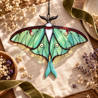 Handcrafted Luna Moth Butterfly Suncatcher - Stained Glass Window Hangings