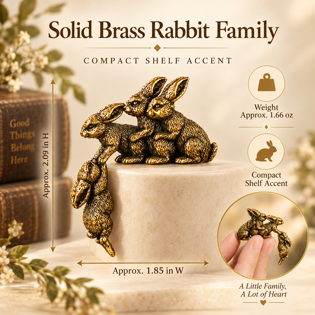 Solid Brass Loving Rabbit Family Figurine Four Bunnies Desk Decor Gift