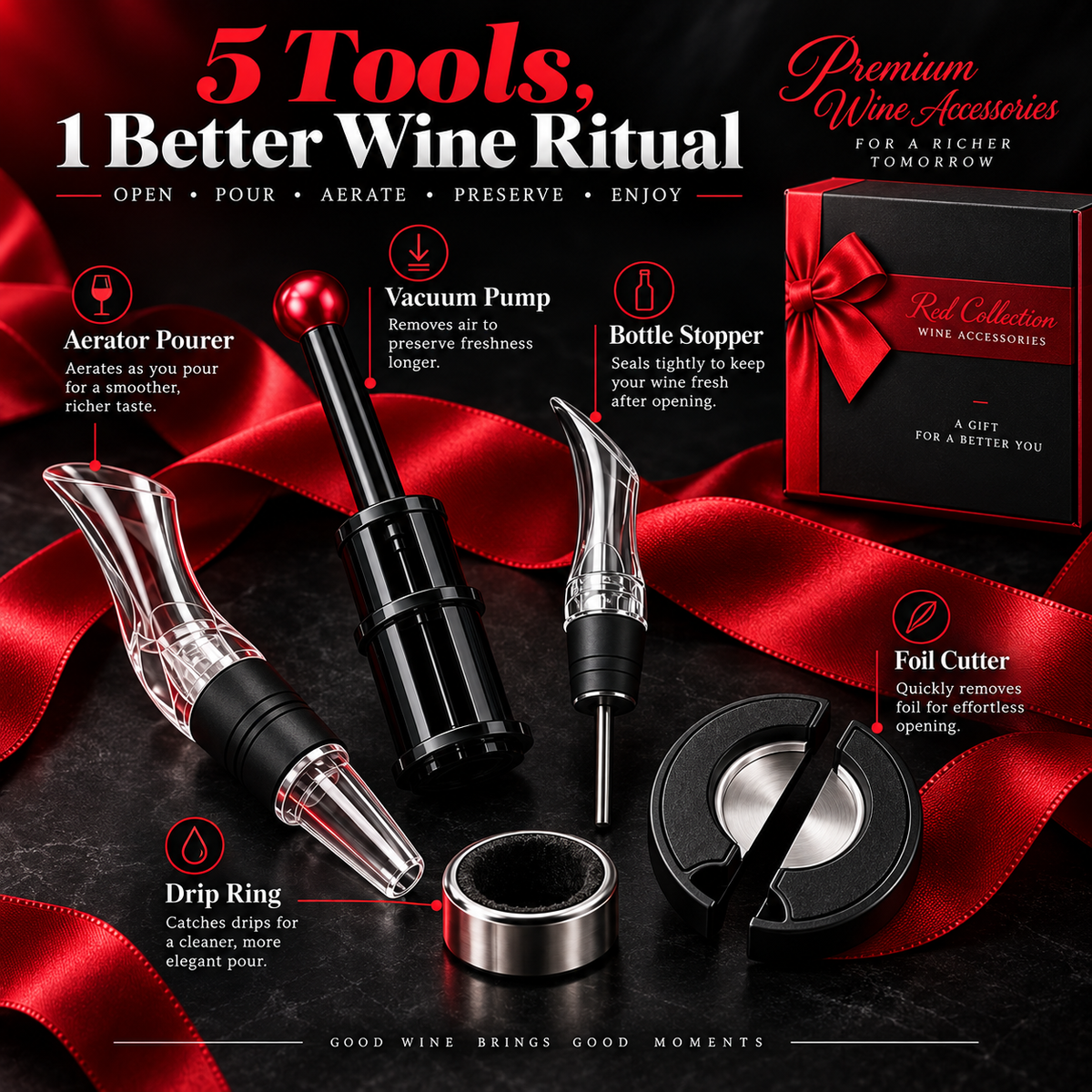 RedRibbon™ Premium Wine Accessory Collection - Open • Pour • Aerate • Preserve • Enjoy