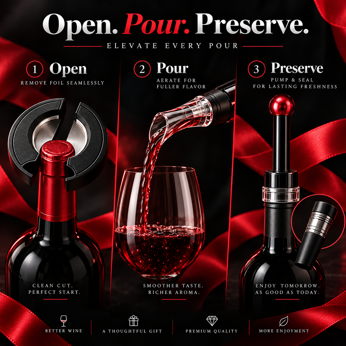 RedRibbon™ Premium Wine Accessory Collection - Open • Pour • Aerate • Preserve • Enjoy