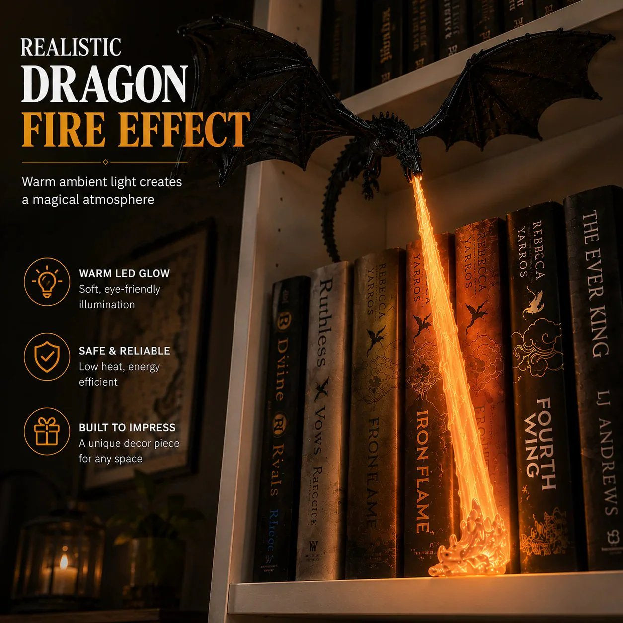 🐉 Fire-Breathing Dragon Bookshelf Decor Lamp - Flame Come With Light