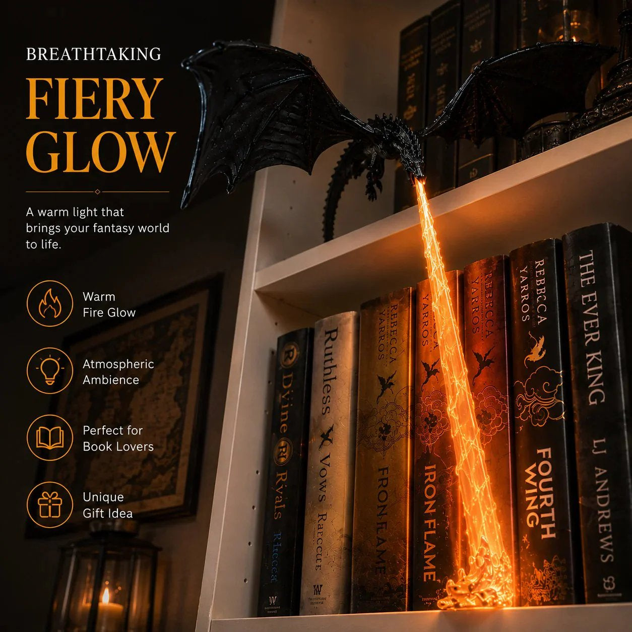 🐉 Fire-Breathing Dragon Bookshelf Decor Lamp - Flame Come With Light