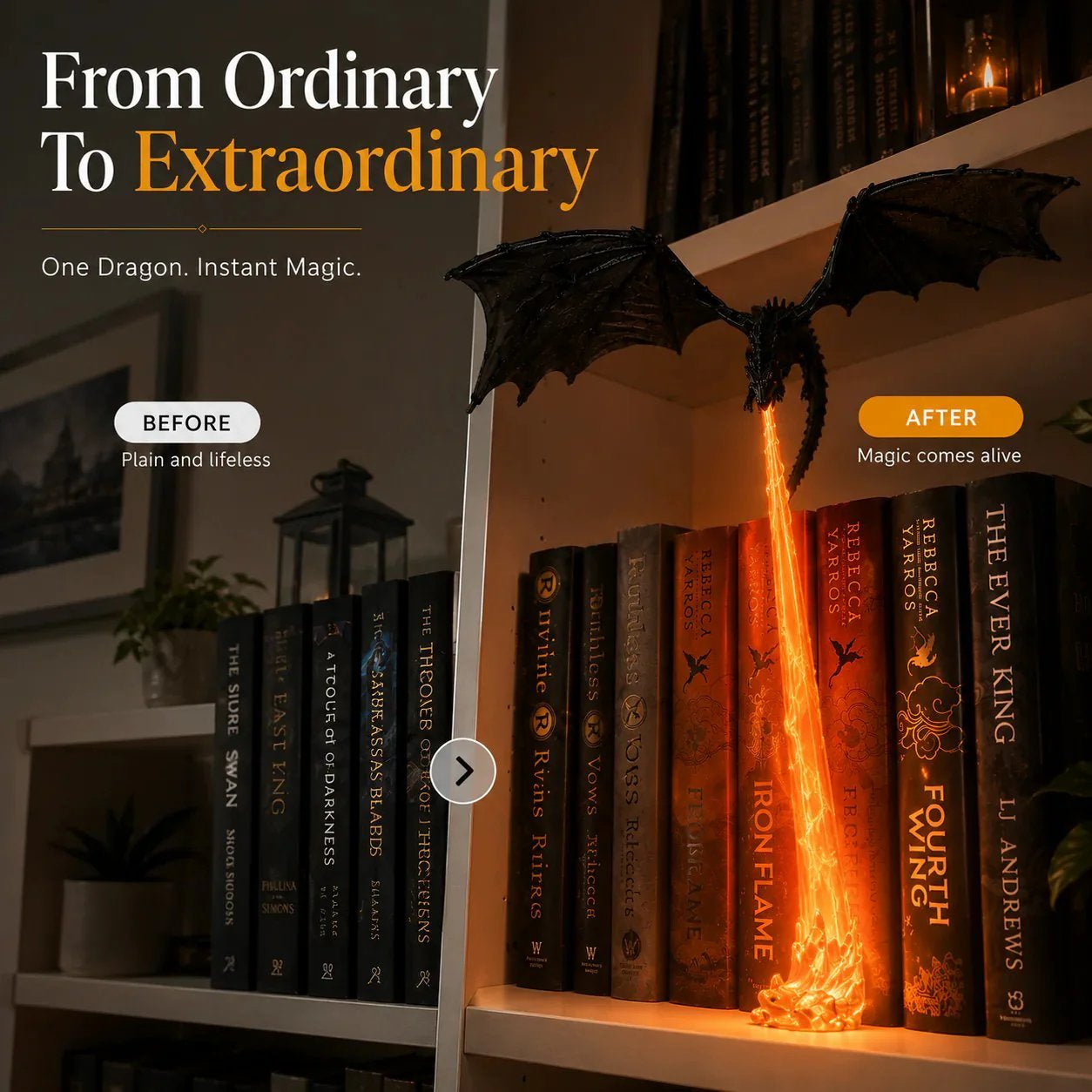 🐉 Fire-Breathing Dragon Bookshelf Decor Lamp - Flame Come With Light
