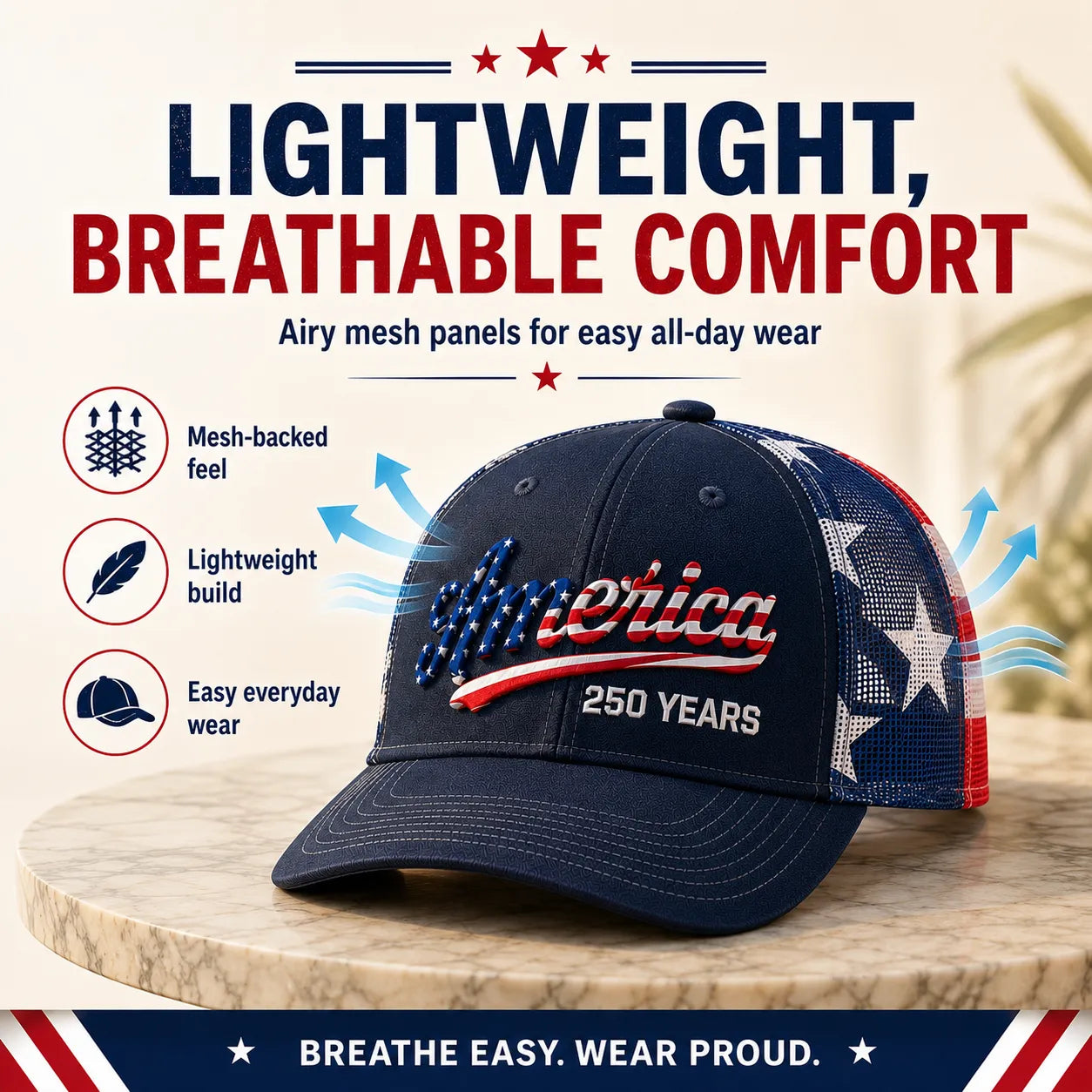 ❤️ 🇺🇸 US 250 Years Patriotic Embroidered Mesh Trucker Cap
