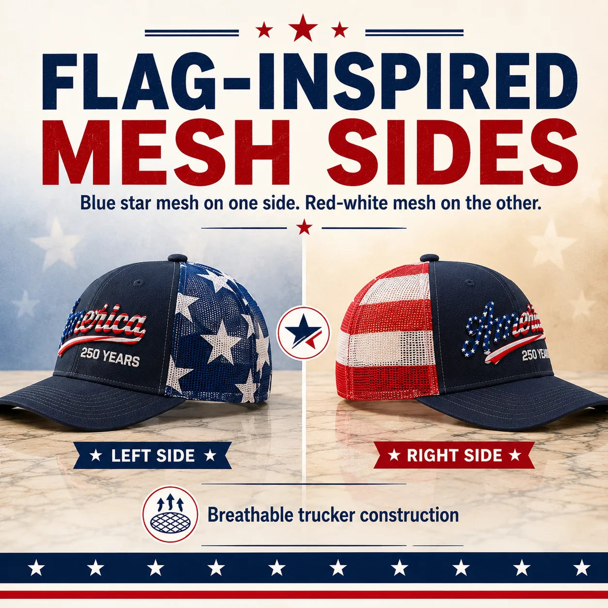 ❤️ 🇺🇸 US 250 Years Patriotic Embroidered Mesh Trucker Cap