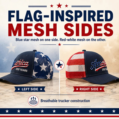 ❤️ 🇺🇸 US 250 Years Patriotic Embroidered Mesh Trucker Cap