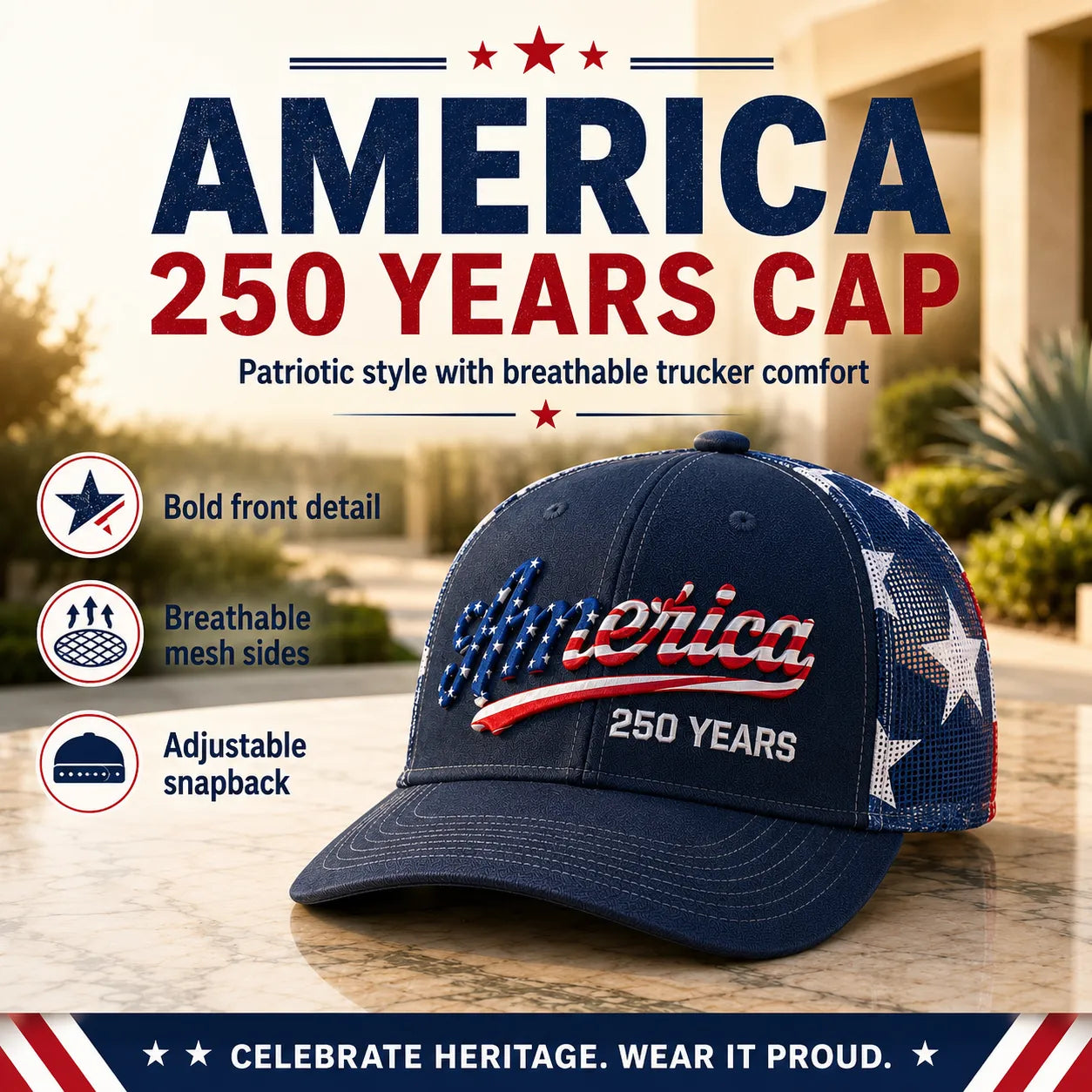 ❤️ 🇺🇸 US 250 Years Patriotic Embroidered Mesh Trucker Cap