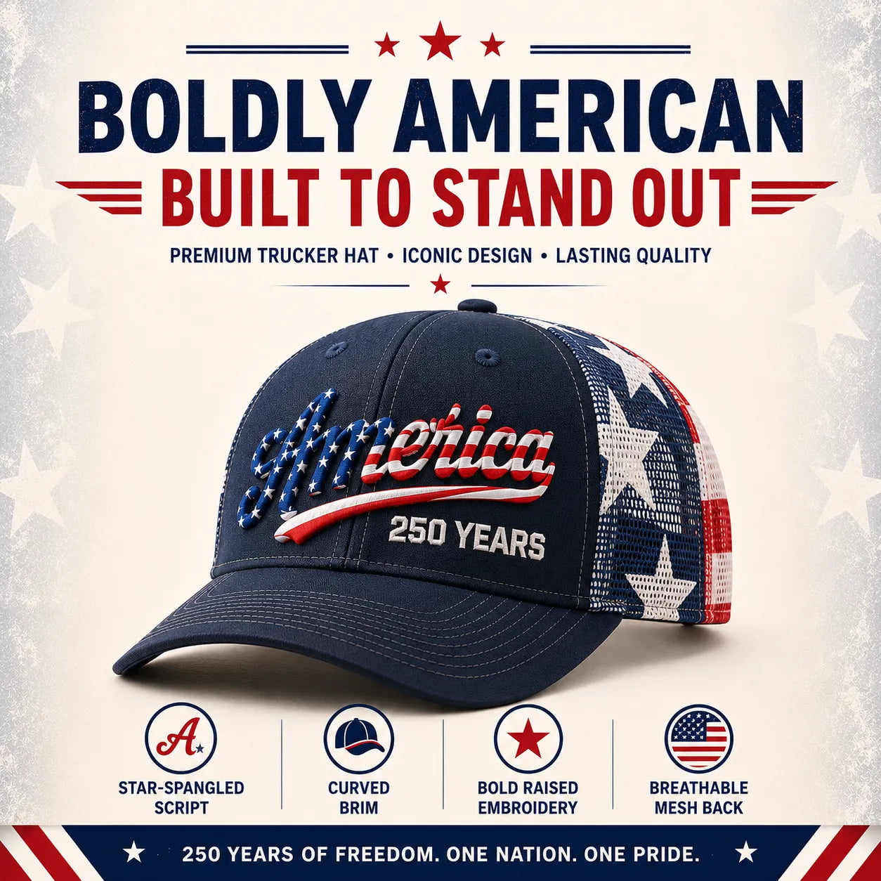 ❤️ 🇺🇸 US 250 Years Patriotic Embroidered Mesh Trucker Cap
