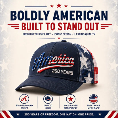 ❤️ 🇺🇸 US 250 Years Patriotic Embroidered Mesh Trucker Cap