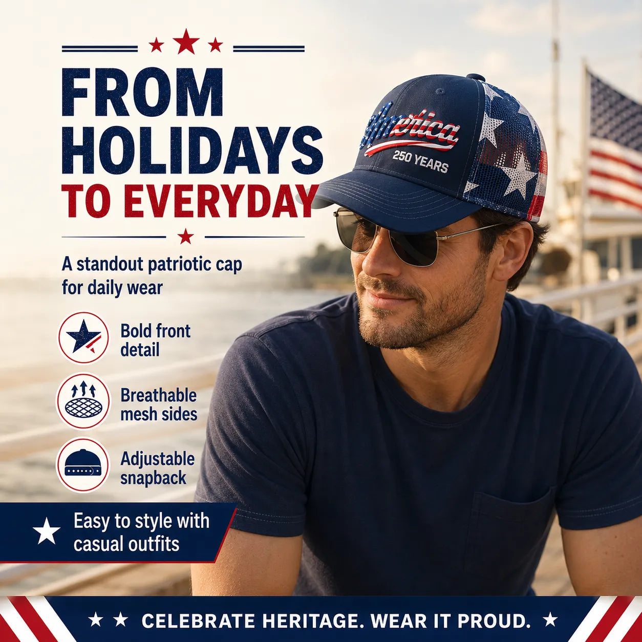 ❤️ 🇺🇸 US 250 Years Patriotic Embroidered Mesh Trucker Cap