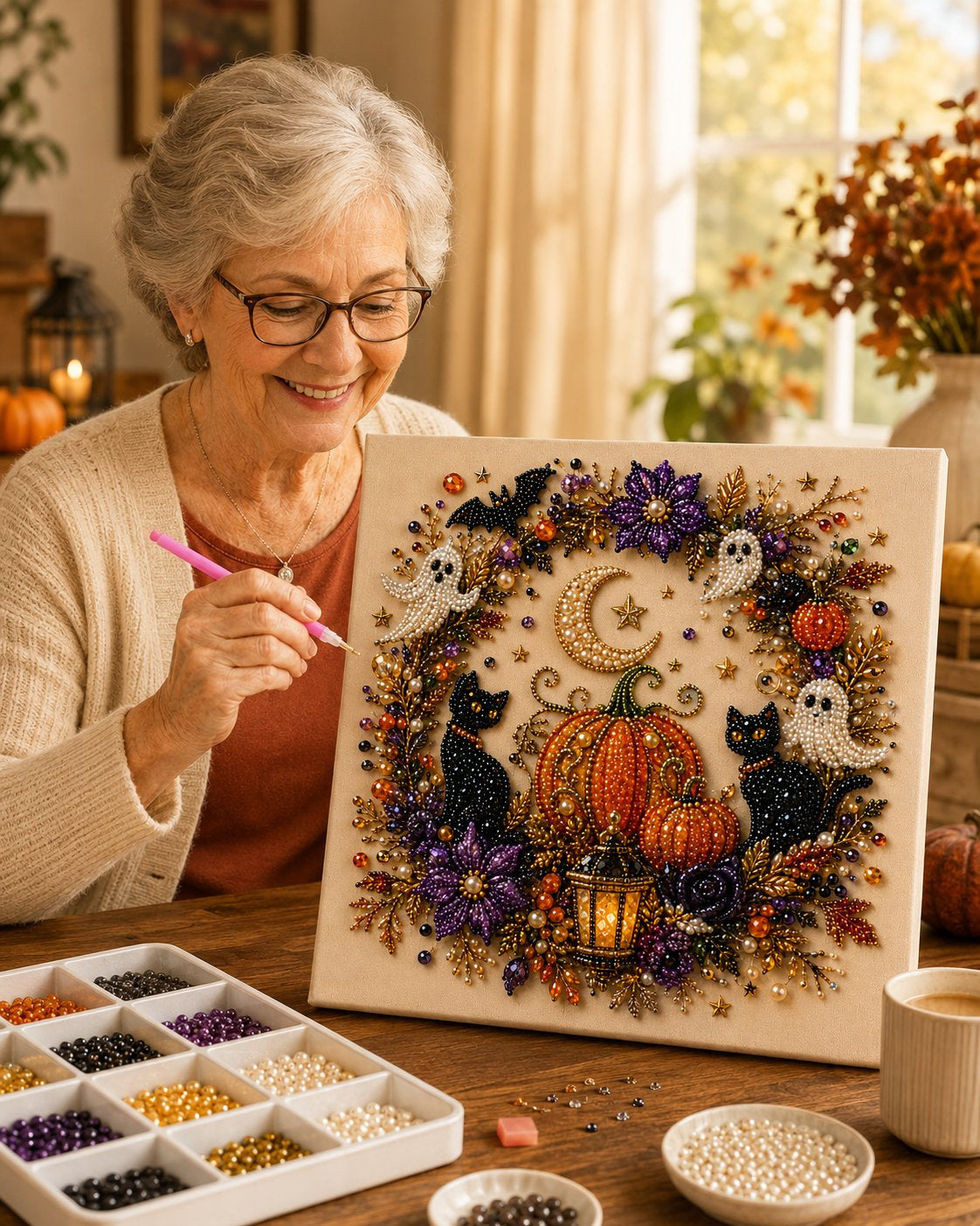 👻✨ Halloween Pearl Art DIY Kit With Frame – Turn Tiny Pearls into Spooky-Cute Magic (📦Buy 2 Free Shipping)