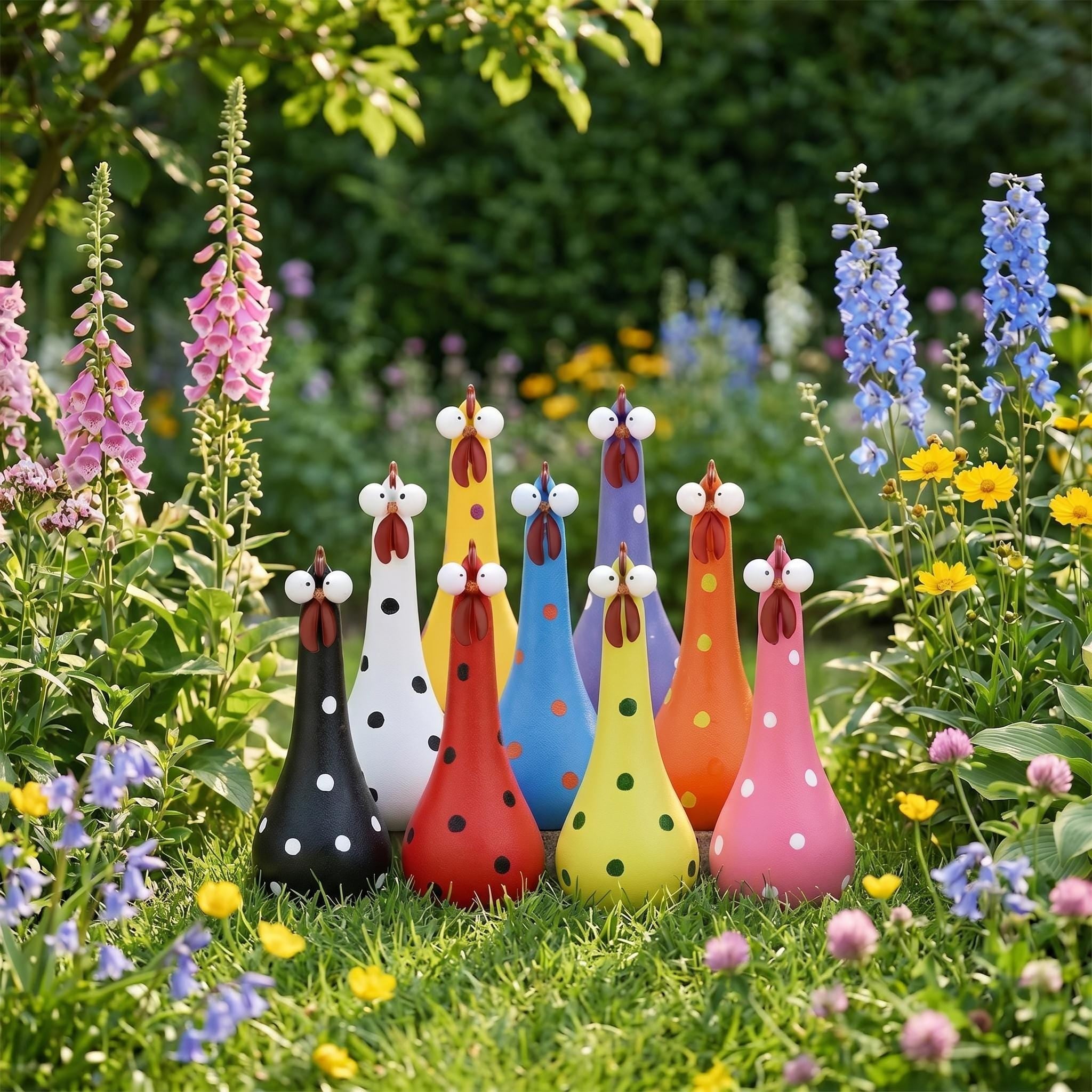 Colorful chicken decorations in flower garden