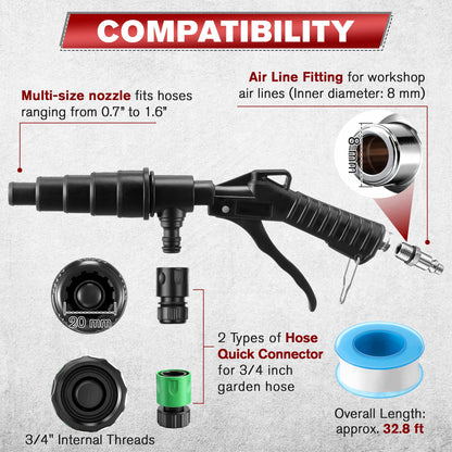 Coolant System Flush Gun, Lever Action Heater Core Flush Kit, Radiator/Cooling System Flusher, Air and Water Combo Flushing Set with Nozzles for 19-40 mm Hoses