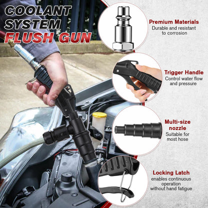 Coolant System Flush Gun, Lever Action Heater Core Flush Kit, Radiator/Cooling System Flusher, Air and Water Combo Flushing Set with Nozzles for 19-40 mm Hoses
