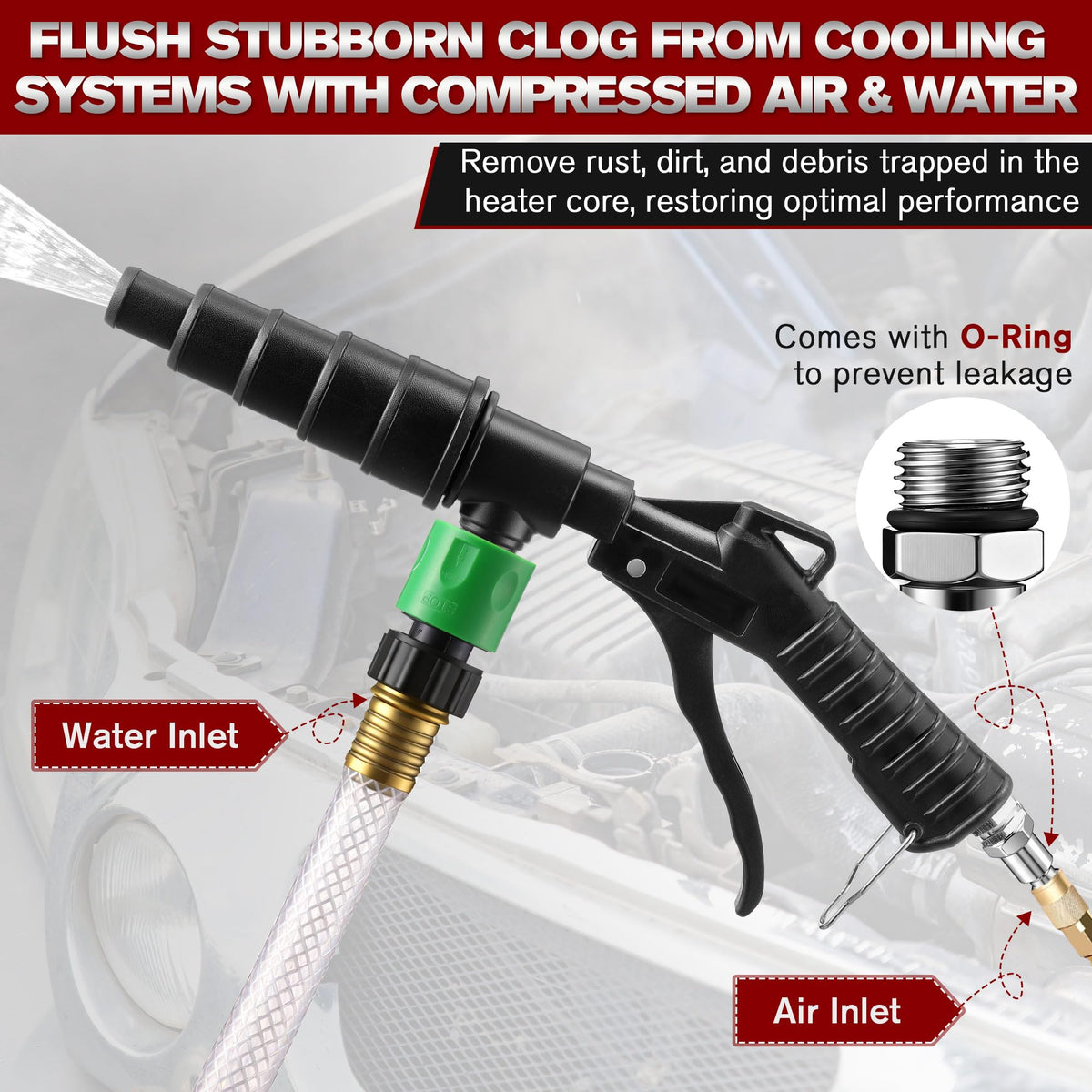 Coolant System Flush Gun, Lever Action Heater Core Flush Kit, Radiator/Cooling System Flusher, Air and Water Combo Flushing Set with Nozzles for 19-40 mm Hoses
