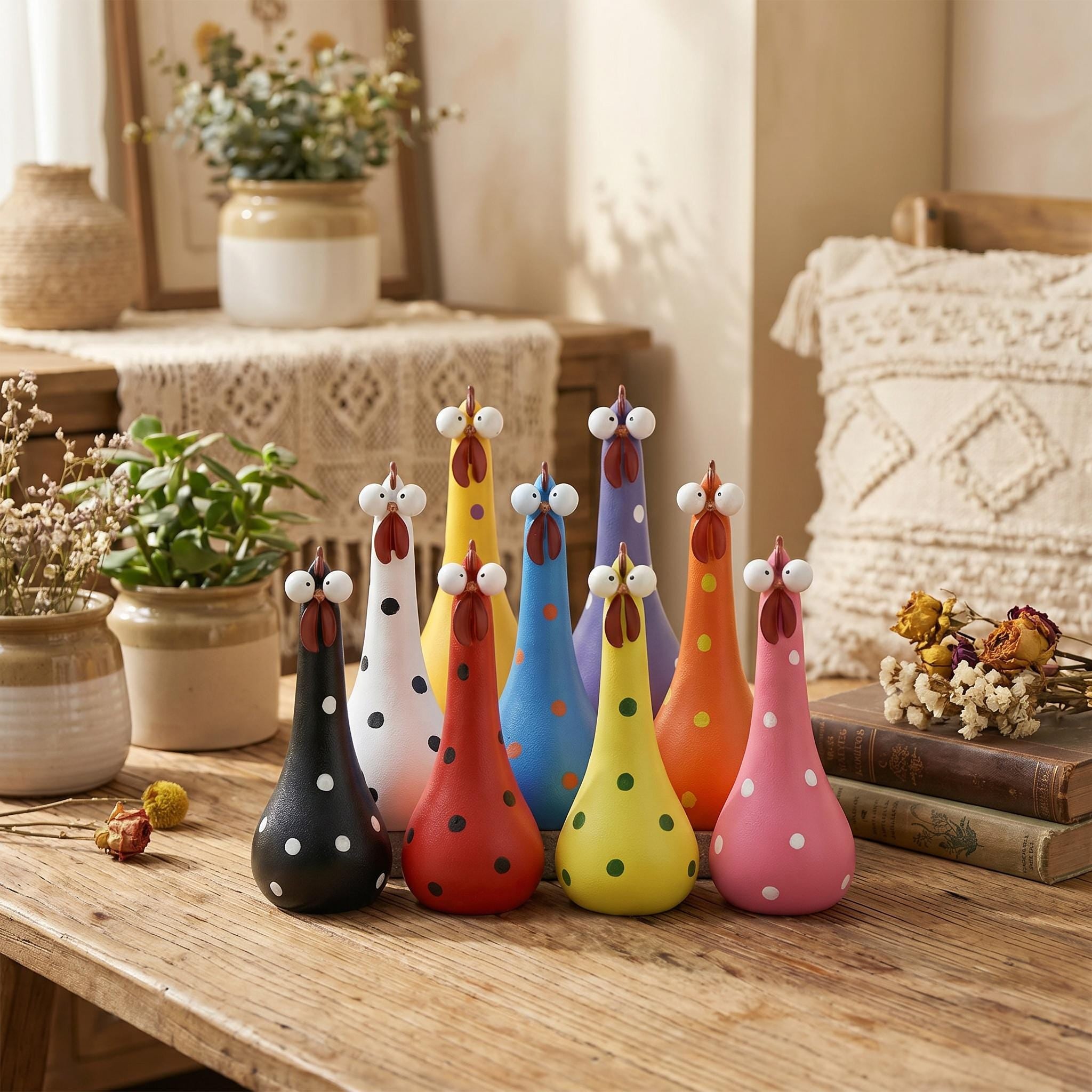 Colorful chicken figurines used as indoor home decor