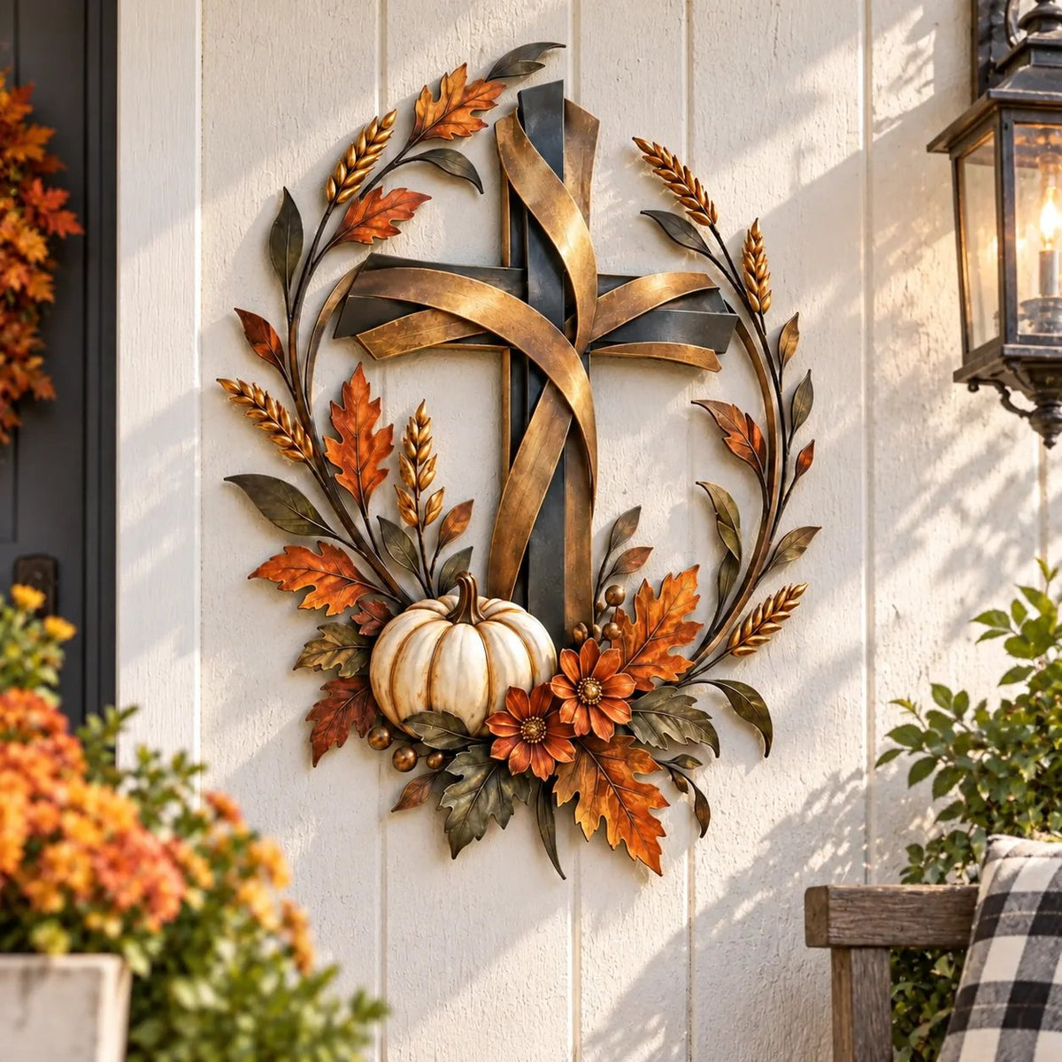 ✝️🍂Autumn Cross & Pumpkin Harvest Metal Wall Decor