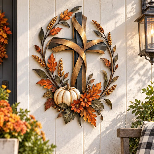 ✝️🍂Autumn Cross & Pumpkin Harvest Metal Wall Decor