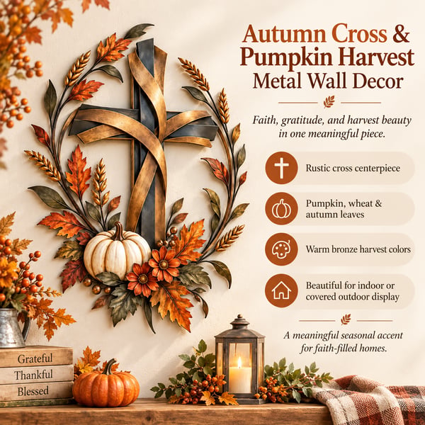 ✝️🍂Autumn Cross & Pumpkin Harvest Metal Wall Decor