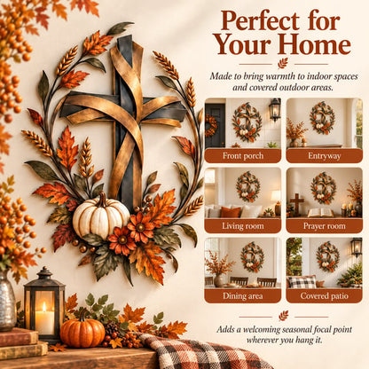 ✝️🍂Autumn Cross & Pumpkin Harvest Metal Wall Decor