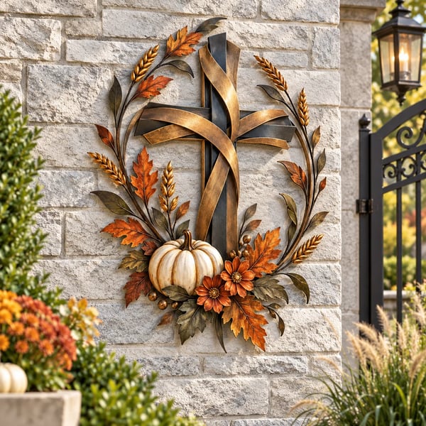 ✝️🍂Autumn Cross & Pumpkin Harvest Metal Wall Decor
