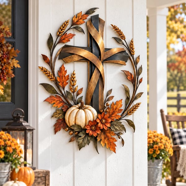 ✝️🍂Autumn Cross & Pumpkin Harvest Metal Wall Decor