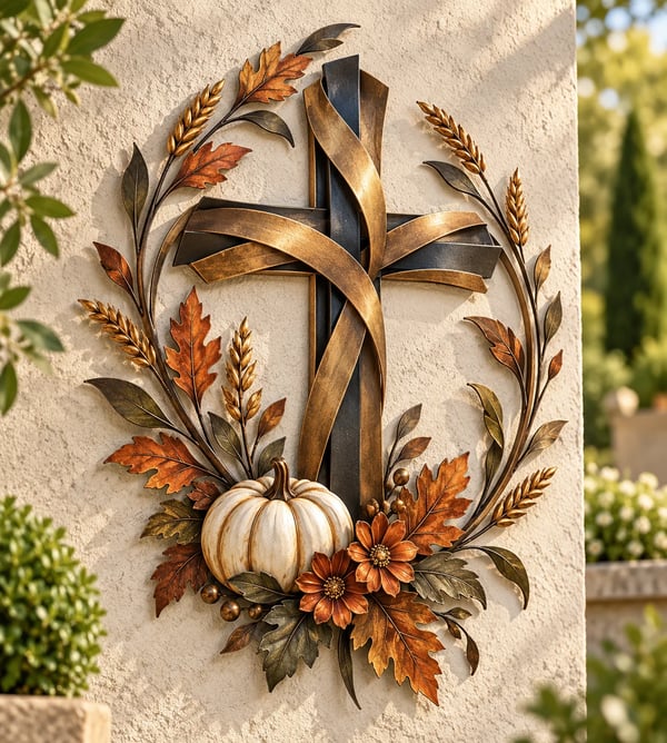 ✝️🍂Autumn Cross & Pumpkin Harvest Metal Wall Decor