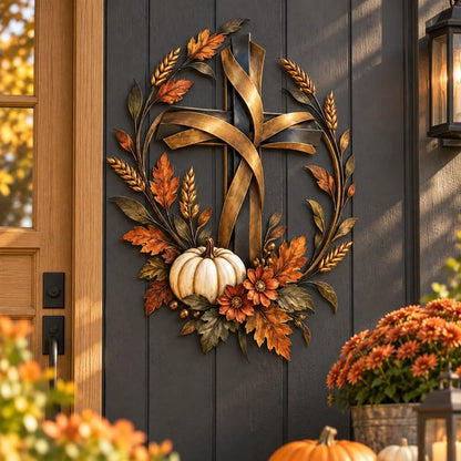 ✝️🍂Autumn Cross & Pumpkin Harvest Metal Wall Decor