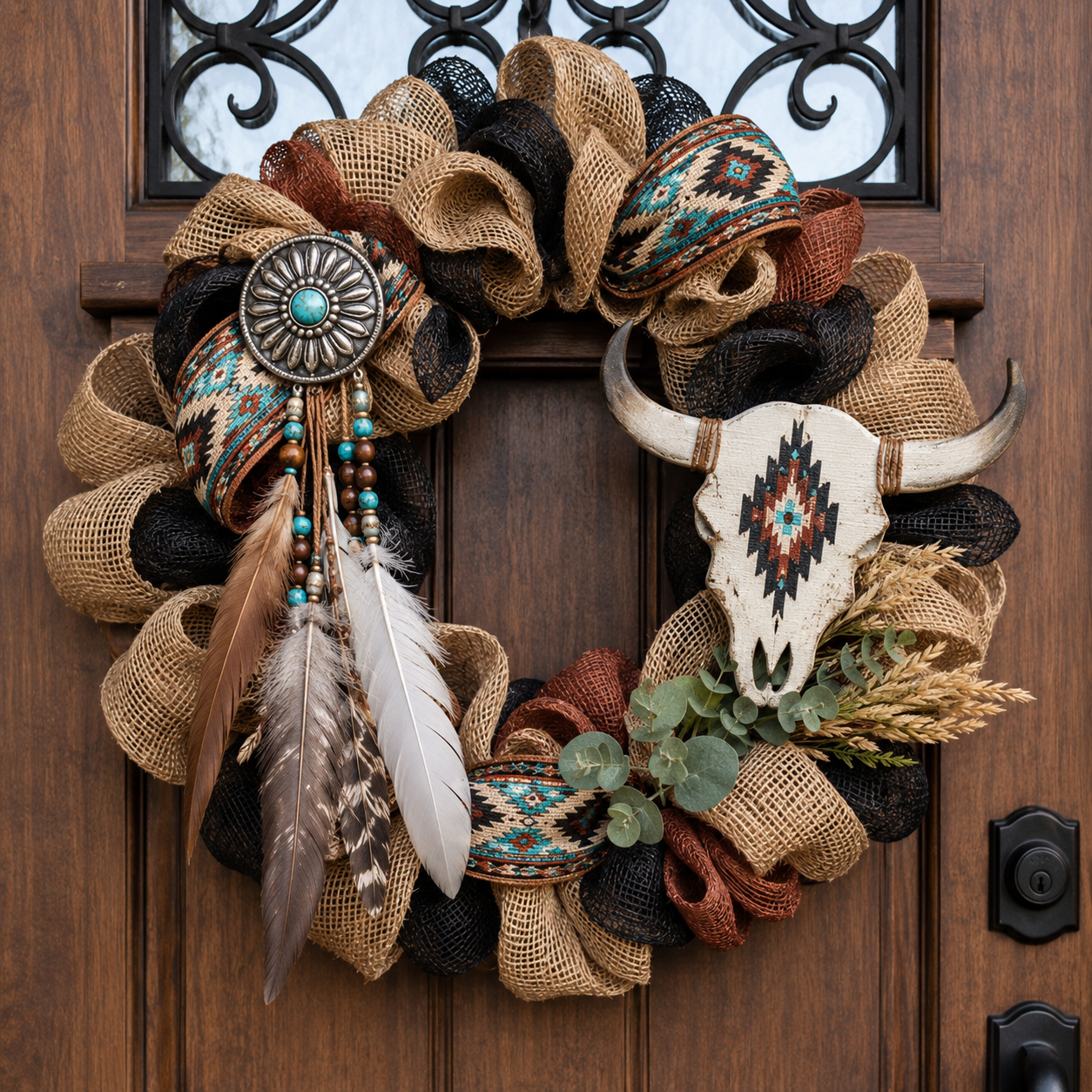 Southwestern Spirit Handcrafted Wreath – Rustic Longhorn Skull & Feather Door Décor