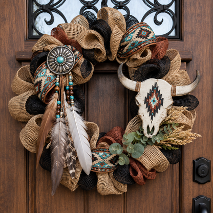 Southwestern Spirit Handcrafted Wreath – Rustic Longhorn Skull & Feather Door Décor