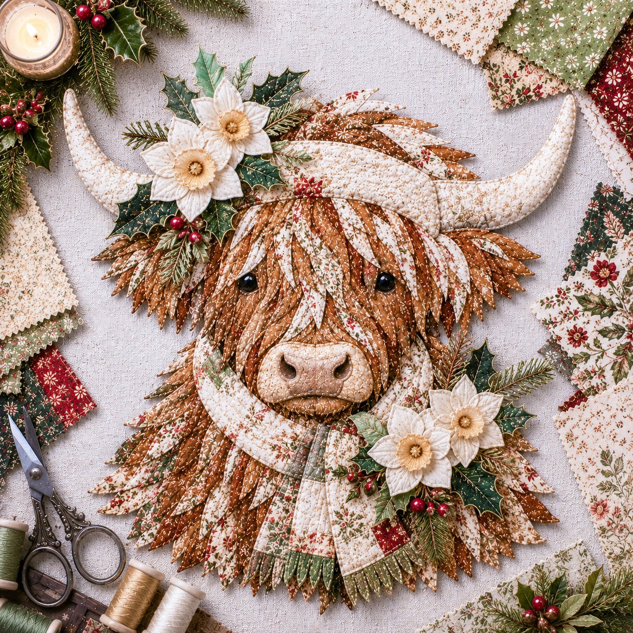 🐮💐🌸 Birth Flower Highland Cow 3D Layered Fabric Art DIY Kit (Beginner-friendly) 🔥 Buy 2 Free Shipping