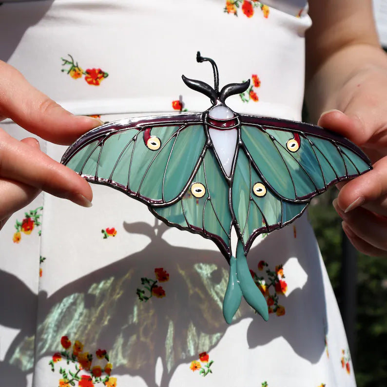 Handcrafted Luna Moth Butterfly Suncatcher - Stained Glass Window Hangings