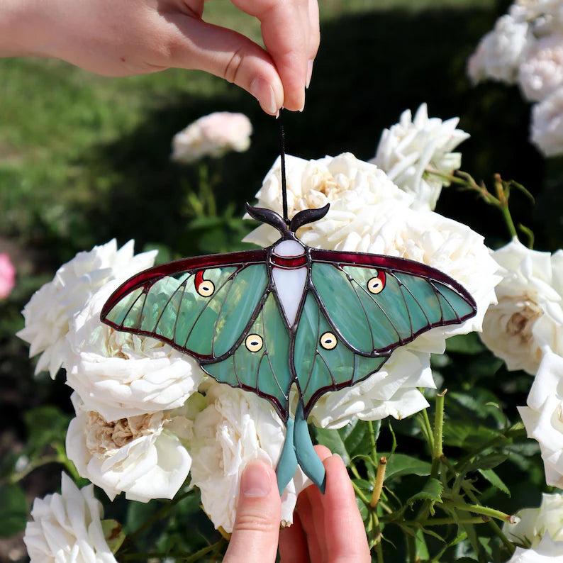 Handcrafted Luna Moth Butterfly Suncatcher - Stained Glass Window Hangings
