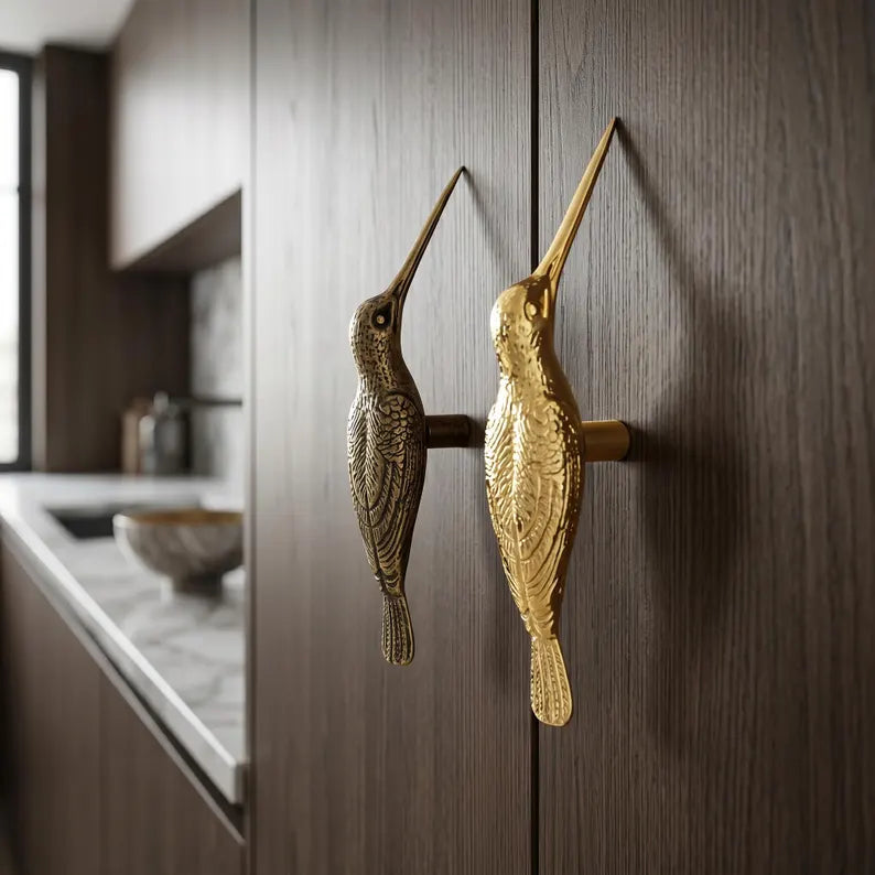 🐦 Handmade Vintage Brass Hummingbird Cabinet Pull - Nature-Inspired Furniture Upgrade